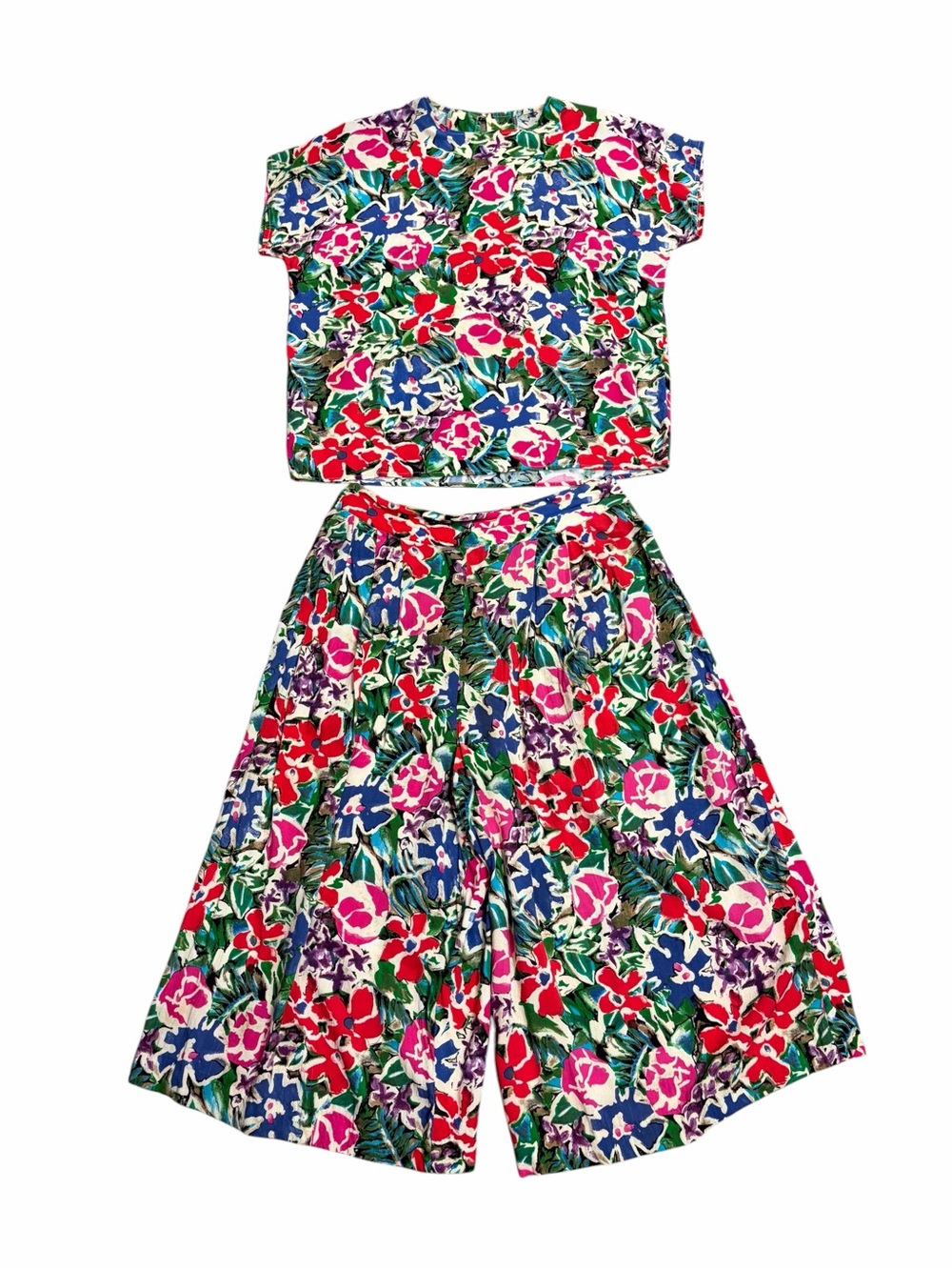 KE II by Gianna Floral Two Piece Set Crop Top Wide Leg Culottes Small Multicolor